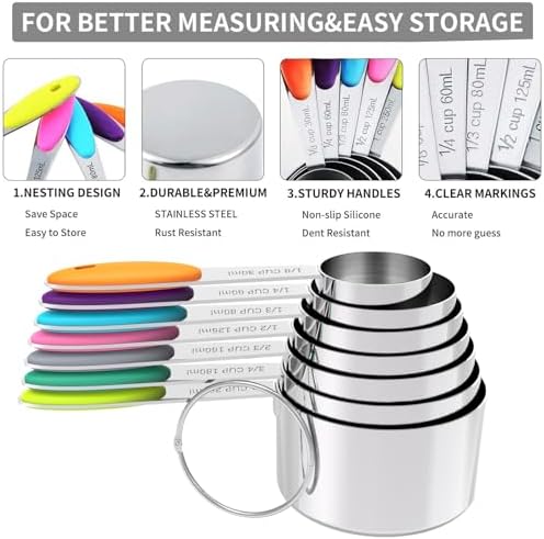 TILUCK Nesting Measuring Cups and Spoons Set, Stainless Steel with Soft Silicone Handle – Heavy Duty & Dishwasher Safe for Measuring Dry/Liquid Ingredients, Ideal for Cooking & Baking (12)