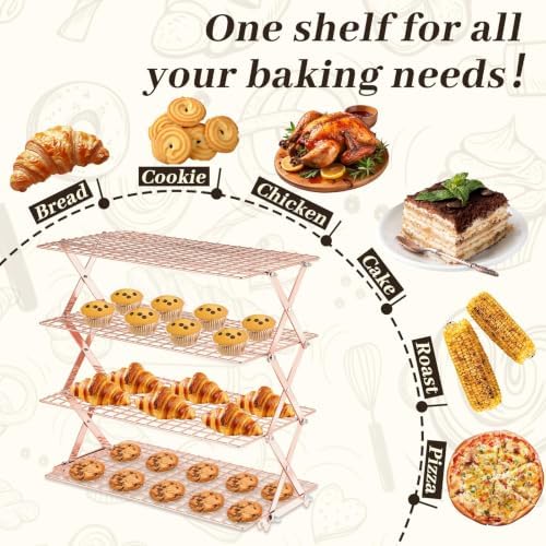 Pleafind 4 Tier Rose Gold Collapsible Cooling Rack - 3 Setting Design, Adjustable ＆ Stackable Baking Rack, 5 Modes Cooling Racks for Cooking and Baking, Roasting ＆ Grilling Gifts for Picnic Party