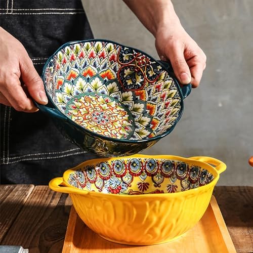 XKXKKE 5 Pack Boho Ceramic Serving Bowls with Handles, 40 Oz Porcelain Salad Bowls, Large Serving Dishes for Entertaining, Mixing Bowls for Soup, Stew, Pasta, Cereal, Colorful Embossed Cute Bowls Set