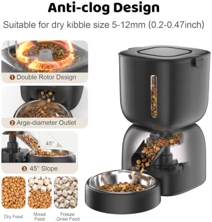 SARPAWS Automatic Cat Feeder, 3L Timed Pet Food Dispenser with 304 Stainless Steel Bowl, 10s Voice Recorder, Dual Power 180-Day Battery Life, Anti-Clogging Auto Pet Feeder for Small Cats and Dogs