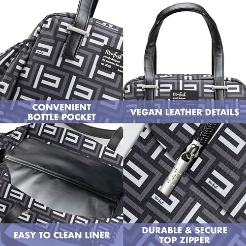 Fit & Fresh Insulated Lunch Box For Women, Leakproof & Stain-Resistant With Expandable Bottle Pocket, Zipper Closure - Laketown Lunch Bag Black Geo