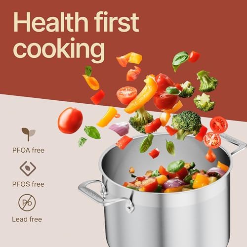 Stainless Steel Stockpot with Lid 8 Quart, Durable 18/8 Stainless Steel, Impact-Bonded Base for Even Heating, Riveted Handles, Oven & All Stove Compatible, Safe Up To 500°F (260°C)