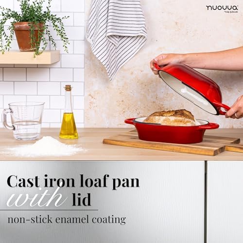 Dutch Oven For Sourdough Bread Baking – Enamelled Cast Iron Bread Loaf Pot – Oven Safe Non Stick Bread Pot – Rectangular, Red, 24cm x 16cm – by Nuovva