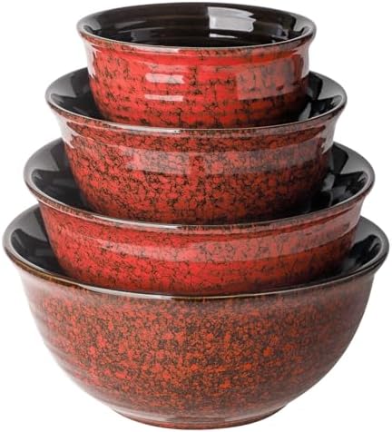 HASENSE Mixing Bowls, 2.1/1.5/1.0/0.5 Qt, Nesting Bowls for Cooking, Baking, Ceramic Serving Dishes Set of 4 for Salad, Fruits, Popcorn, Thanksgiving Christmas Gift, Dishwasher & Microwave Safe, Red