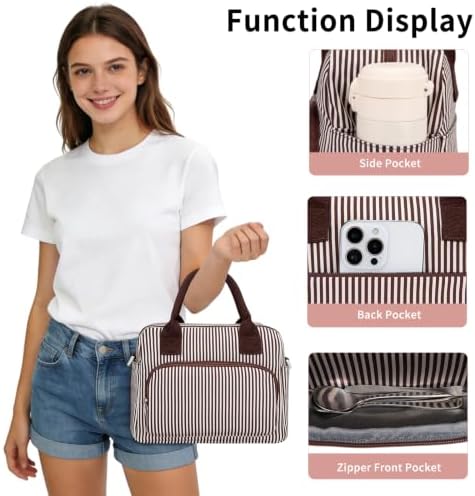 GASSDA Lunch Box for Women Insulated Lunch Bag Women Adult Cute Lunch Bags Reusable Lunchbox Cooler Tote Bag for Work Picnic (Coffee with white stripes)