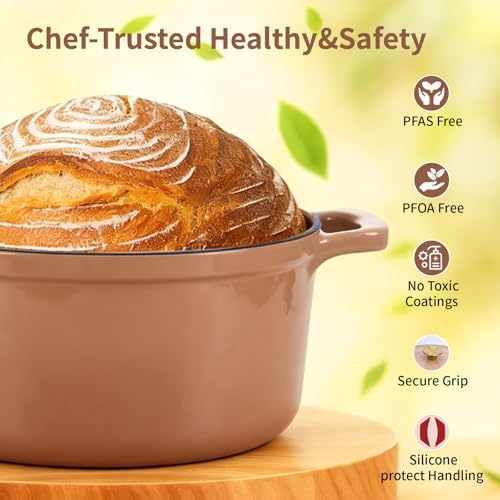 Enameled Cast Iron Dutch Oven with Lid&Silicone Grip, Round Casserole Pot for Bread Baking, Braising, Roasting,Stews,Heavy-Duty Baking Pan,Oven Safe, Induction Compatible (4.7QT,Mocha)