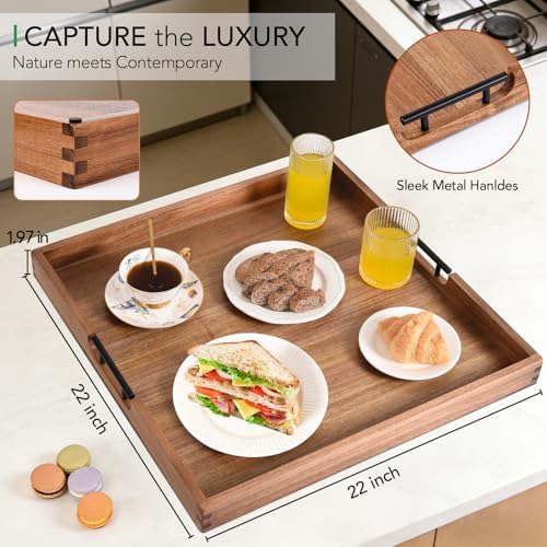 Joy&Grace Acacia Wood Ottoman Tray with Handles 22" x 22"