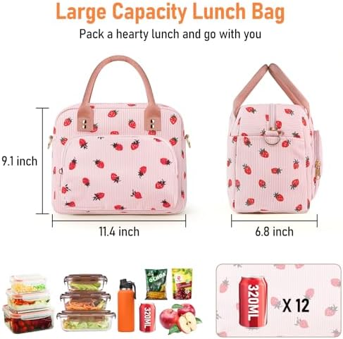 Lunch Bag Large Insulated Lunch Box for Women Adult Cute Pink Strawberry Lunchbox Corduroy Lunch Bags Boxes Pail with Shoulder Strap for Work Mom Picnic Office Travel 11.4×6.8×9.1 inches 11.5L