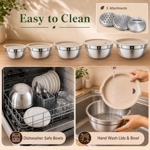 8PCS Stainless Steel Mixing Bowls with Lids - 5PCS Nesting Bowls, 3 Grater Attachments for 4.0 QT Bowl, Stainless Steel Mixing Bowls for Mixing & Serving, Size 1.5/2.1/3.5/4/4.5 QT, Khaki