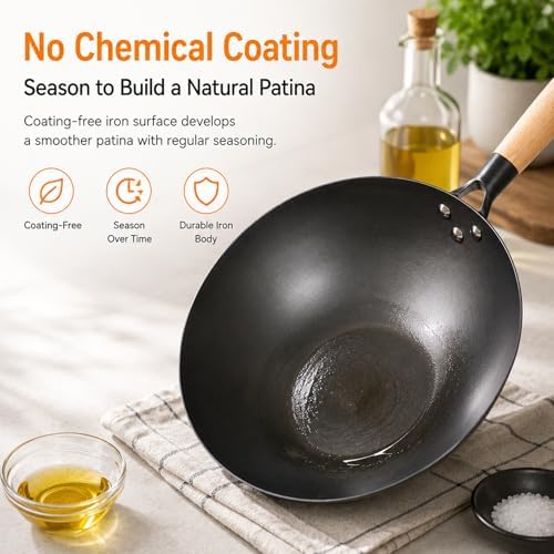 High-Purity Iron Carbon Steel Wok with Lid, 11.8 Inch Flat Bottom Wok Pan, Uncoated Stir Fry Pan with Wood Handle, Compatible with Gas, Electric, Induction and Ceramic Stoves