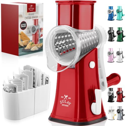 Rotary Cheese Grater Manual Hand Crank 5 Blade Shredder, White & Red