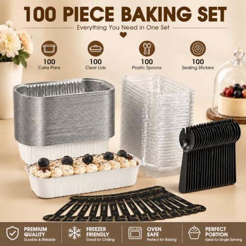 100 Pack Mini Cake Pans with Lids and Spoons, Disposable Aluminum Foil Cake Tins（6.8oz） Mini Loaf Pans with Lids for Party, Wedding, Birthday