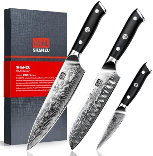 SHAN ZU Damascus Knife Set, Japanese Super Steel 3 PCS Damascus High Carbon Professional Ultra-Sharp Kitchen Chef Knife Set with G10 Handle Gift Box