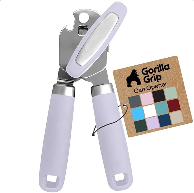GORILLA GRIP Heavy Duty Stainless Steel Smooth Edge Manual Can Opener and Bottle Openers, Soft Comfortable Handle, Oversized Handheld Turn Knob, US Designed Multifunctional Kitchen Tool, Lavender