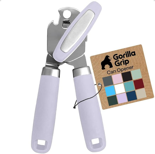 GORILLA GRIP Heavy Duty Stainless Steel Smooth Edge Manual Can Opener and Bottle Openers, Soft Comfortable Handle, Oversized Handheld Turn Knob, US Designed Multifunctional Kitchen Tool, Lavender