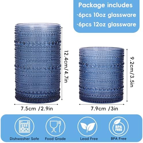 Moretoes 12 Pack Blue Hobnail Drinking Glasses Vintage Water Glass Cups