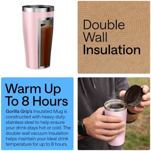 GORILLA GRIP 304 Stainless Steel Travel Coffee Mug, 20oz Tumbler, Pink