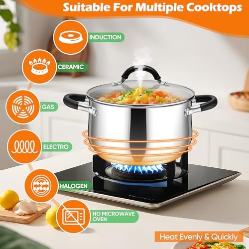 P&P CHEF 6 Quart Stainless Steel Stock Pot, Cooking Pot with Visible Lid
