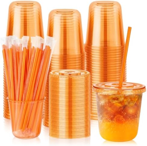 tchrules 100 Set 12oz Orange Plastic Iced Coffee Cups with Lids & Straws
