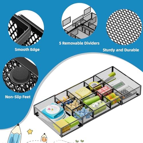 Marbrasse Expandable Desk Drawer Organizer, Mesh Drawer Organizer Tray with 10 Adjustable Compartments, Desk Organizers and Accessories for Office Supplies (Longer Expandable Drawer Organizer-B)