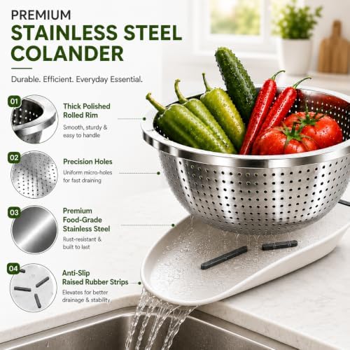 Stainless Steel Colander Set with Self-Draining Silicone Base, 4 Sizes Metal Strainers for Kitchen, Colanders & Food Strainer for Pasta, Fruit, Vegetables & Noodles - 2.2 Qt/ 3.3 Qt/ 4.0 Qt & 5.3 Qt