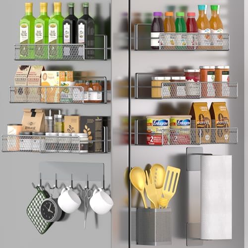 Magnetic Spice Rack for Refrigerator, 10 Pack 100% Metal Strong Magnet Shelf, Moveable Spice Organizer W/ Adjustable Paper Towel Holder, Hook Rack & Utensil Caddy, Home Kitchen Laundry Storage, Grey