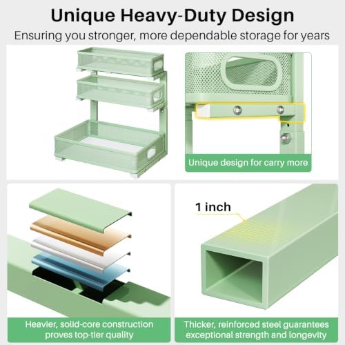 Kitstorack Under Sink Organizer, 2-Pack 3-Tier Height Adjustable Thickened Metal Pull out Cabinet Organizer Shelf, Slide out Storage Drawer Rack for Bathroom Kitchen Pantry Home Organization, Green