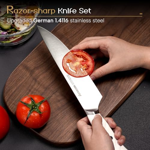 Astercook Knife Set Kitchen with Block and Dual Sharpener Full Tang 15 Pcs German Stainless Steel Knives Dishwasher Safe Utensils Set with Ergonomic Handle, Elegant White