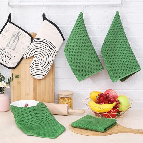 Homaxy 100% Cotton Waffle Weave Kitchen Dish Cloths 6-Pack, Grass Green