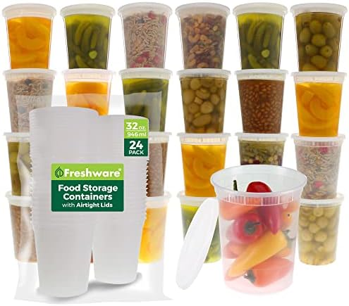 Freshware Food Storage Containers [24 Set] 32 oz Plastic Deli Containers with Lids, Slime, Soup, Meal Prep Containers, BPA Free, Stackable, Leakproof, Dishwasher and Freezer Safe, Translucent