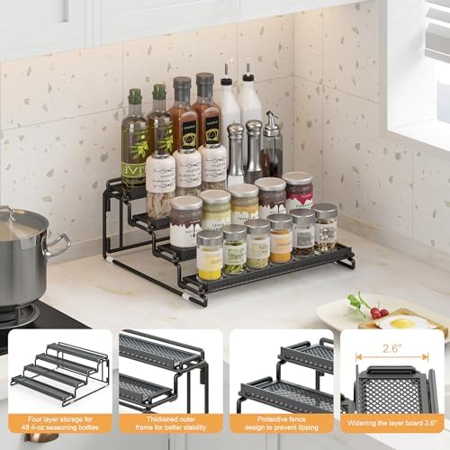 2 Pack Spice Rack Organizer for Cabinet, 4 Tier Black Seasoning Organizer Rack for Inside Cabinets, Countertop, Pantry Storage