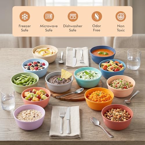 MASTERCOOK Plastic Bowls Set of 12 – 15oz Multipurpose Deep Plates Salad and Pasta Bowls Ideal for Home, Kids, Parties – Stackable Bowl for Kitchen – Non-BPA and Food Grade – Cute Colors