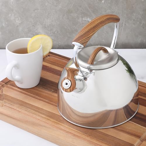Mr. Coffee Fremont Large 2-Quart Stainless Steel Whistling Tea Kettle with Wood Handle – Durable Stove-Top Kettle for Boiling Water