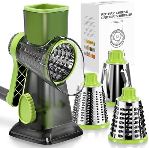 Badelite Cheese Grater Hand Crank Rotating Cheese Shredder Stainless Steel Vegetable Slicer Grater for Kitchen 3 Blades for Cheese, Carrot, Cucumber, Nuts, Chocolate, Green
