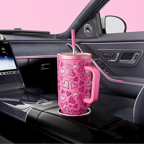 Meoky 40 oz Tumbler with Handle and Straw: Stainless Steel Insulated Tumbler with Lid and Straw - 100% Leak Proof Tumbler for Car Cup Holders - Travelers Commuters Workers, Blush Heart