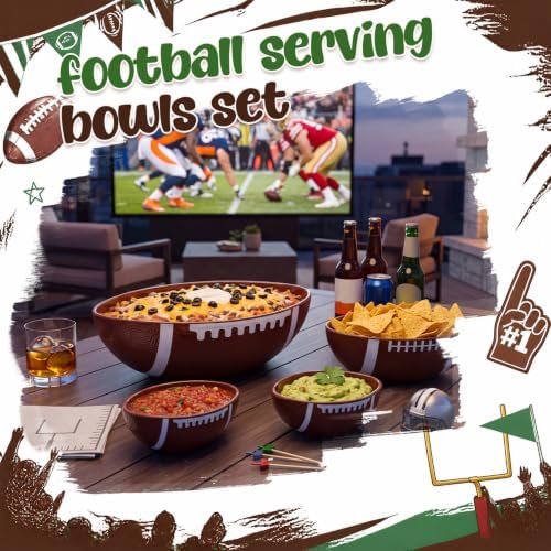 Qinyoung 4 Pack Football Serving Bowls Set, 3 Sizes Melamine Snack Bowls, Reusable Sports Themed Dishes for Game Day, Birthday Party, Chips Popcorn Candy Fruit Serving Supplies