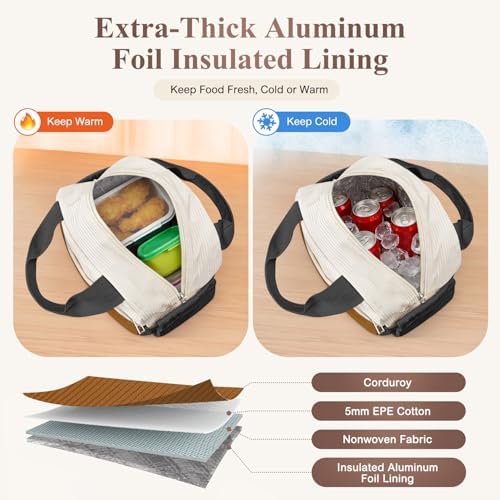 KUBYA Lunch Box for Women, Cute Grids Corduroy Insulated Lunch Bag Women Reusable Work Simple Adults Large Lunch Boxes Tote Bag Men Cooler Bag