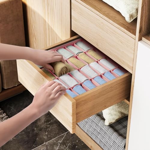 Joyoldelf Sock Organizer Drawer Organizer - 2 Packs Underwear Organizer, 24 Cells Collapsible Closet Organizers and Storage Sock Holders Organizers for Storing Socks, Ties, Belts(Pink)