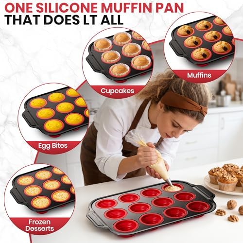 Silicone Muffin Pans for Baking with Metal Frame - 12 Cups Cupcake Pans