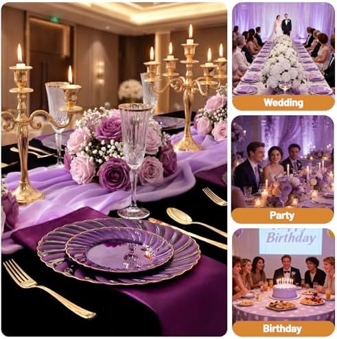 YOUBET 125PCS Clear Purple Plastic Plates with Gold Rim for Wedding