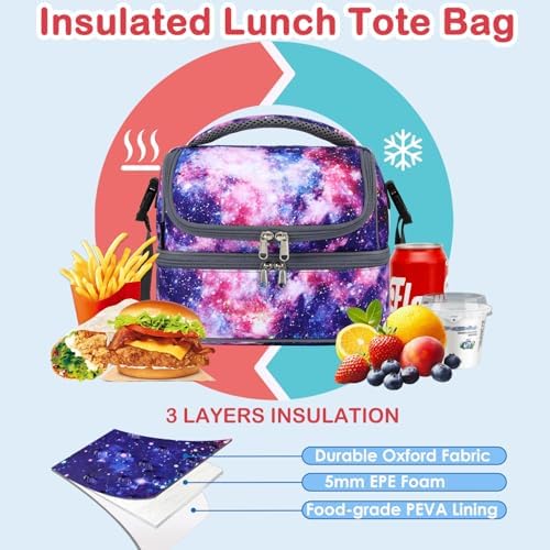 FlowFly Double Decker Cooler Insulated Lunch Bag Large Tote for Boys, Girls, Men, Women, With Adjustable Strap,Galaxy