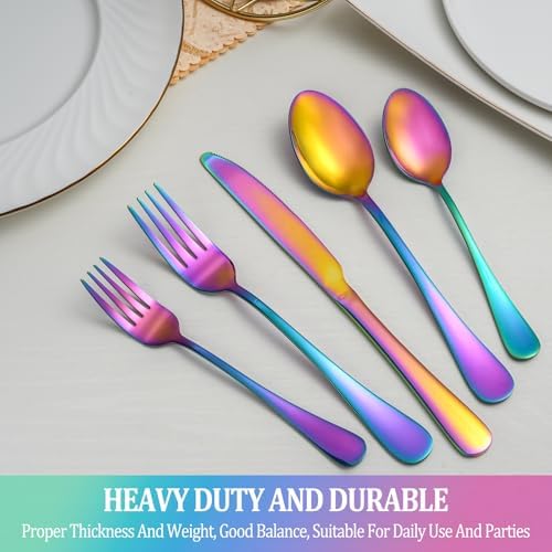 30 Pcs Rainbow Silverware Set Service for 6,Stainless Steel Flatware Serving Sets,Kitchen Tableware Set,Utensil Set for Home and Restaurant,Knives Forks Spoons Set,Mirror Polished,Dishwasher Safe