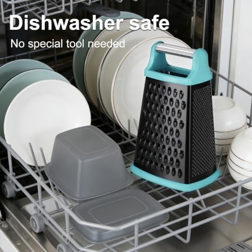 Ourokhome Cheese Grater with Handle, Stainless Steel Box Grater, 4 Side Kitchen Vegetable Shredder Slicer Zester with Container for Parmesan, Cabbage, Ginger, Lemon, Chocolate, Coconut (Teal black)