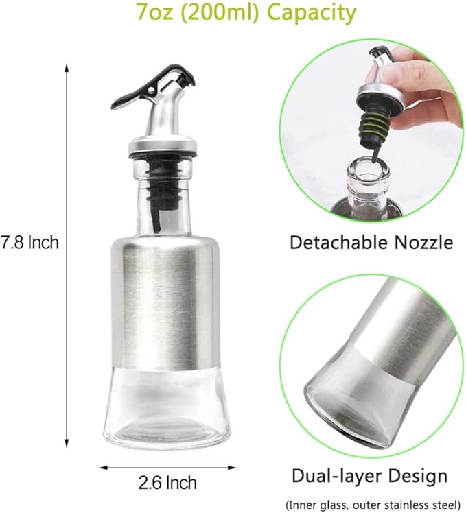 Olive Oil Dispenser - 7oz (200ml) Glass & Stainless Steel Oil & Vinegar Cruet with No-drip Spout & Pouring Funnel