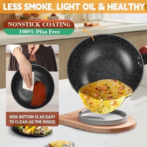 AOSION 13'' Nonstick Wok, Woks & Stir-Fry Pans with Lid and Steamer Basket