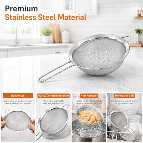 HiramWare Fine Mesh Strainer Set of 3, Premium Stainless Steel Colander with Handle, Large, Medium, Small Sieve for Tea, Pasta, Rice, Fruits, Berries, Flour, Veggies, Metal Sifter for Kitchen