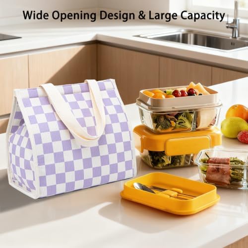 Insulated Lunch Bag for Work, 10.2"x5.9"x10.2" Oxford Waterproof Lunch Tote, Thermal Lunch Box for Office, Picnic & Outdoor, Striped Canvas Tote Bag -Check Purple