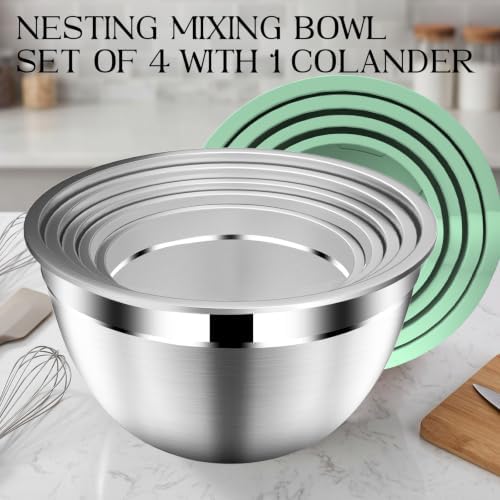 DUTZUN Mixing Bowls with Lids Set, Stainless Steel Mixing Bowl Set with Colander, Strainer with Bowls - Pistachio