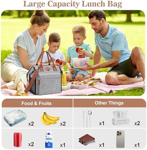 LOKASS Leak-proof Lunch Box for Women Insulated Lunch Cooler Bag Thermal Lunch Tote with Removable Shoulder Strap for Men Adults Large Picnic Bag for Office Work Outdoor, Grey