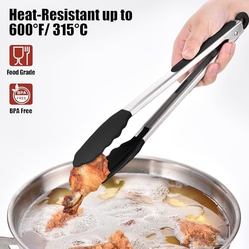 Doosu Kitchen Tongs with Silicone Tips for Cooking Serving (12in, Black)